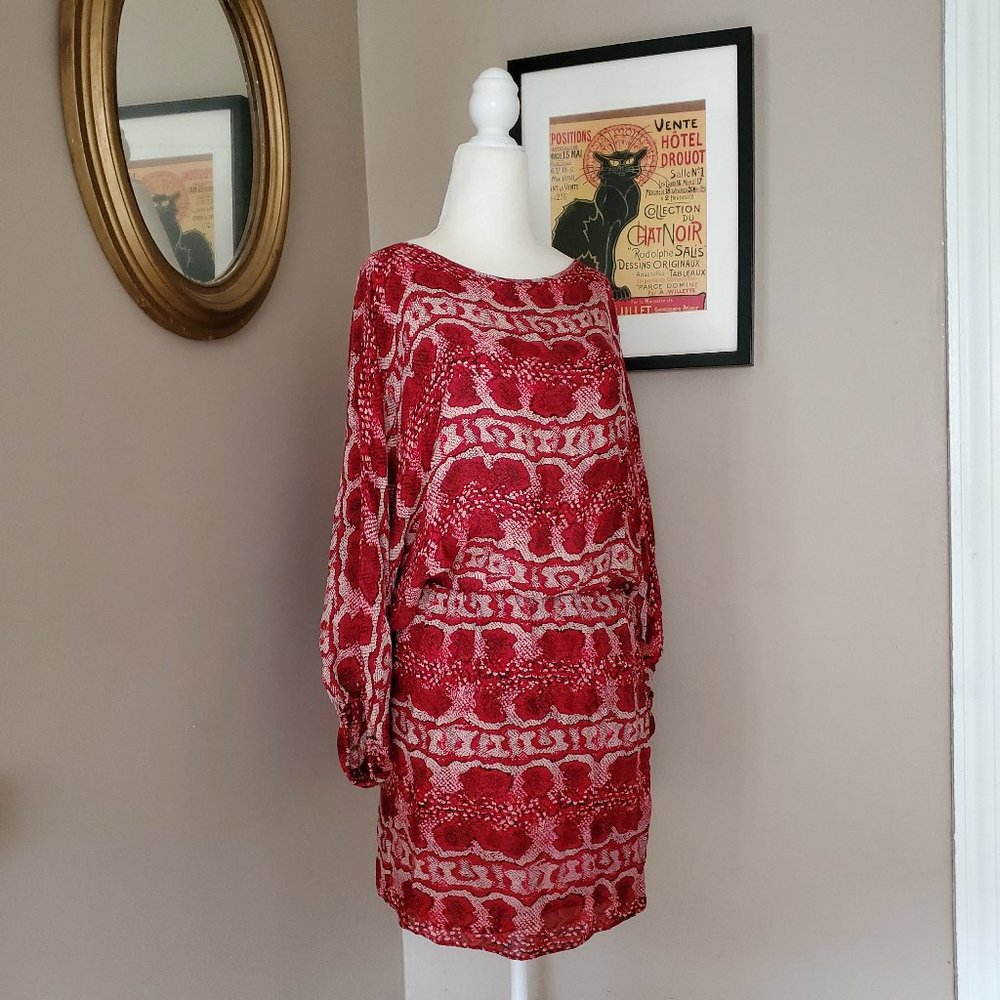 Parker Red Silk Snakeskin Print Blouson Dress Size Small - Picture 3 of 16